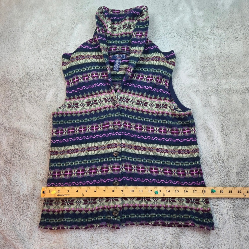 Chaps Denim Sweater Vest Women L Navy Purple Fair Isle Button Front Shawl Collar